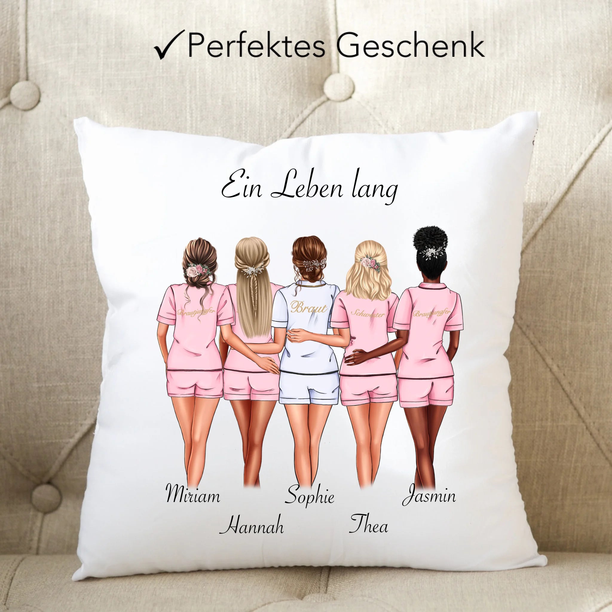 Kissen Brautjungfer Personalisiert Name Braut & 4 Trauzeuginnen, Frage & Danke-Geschenk für Freundinnen Brautjungfern & Brautparty - Kissen inkl. Füllung