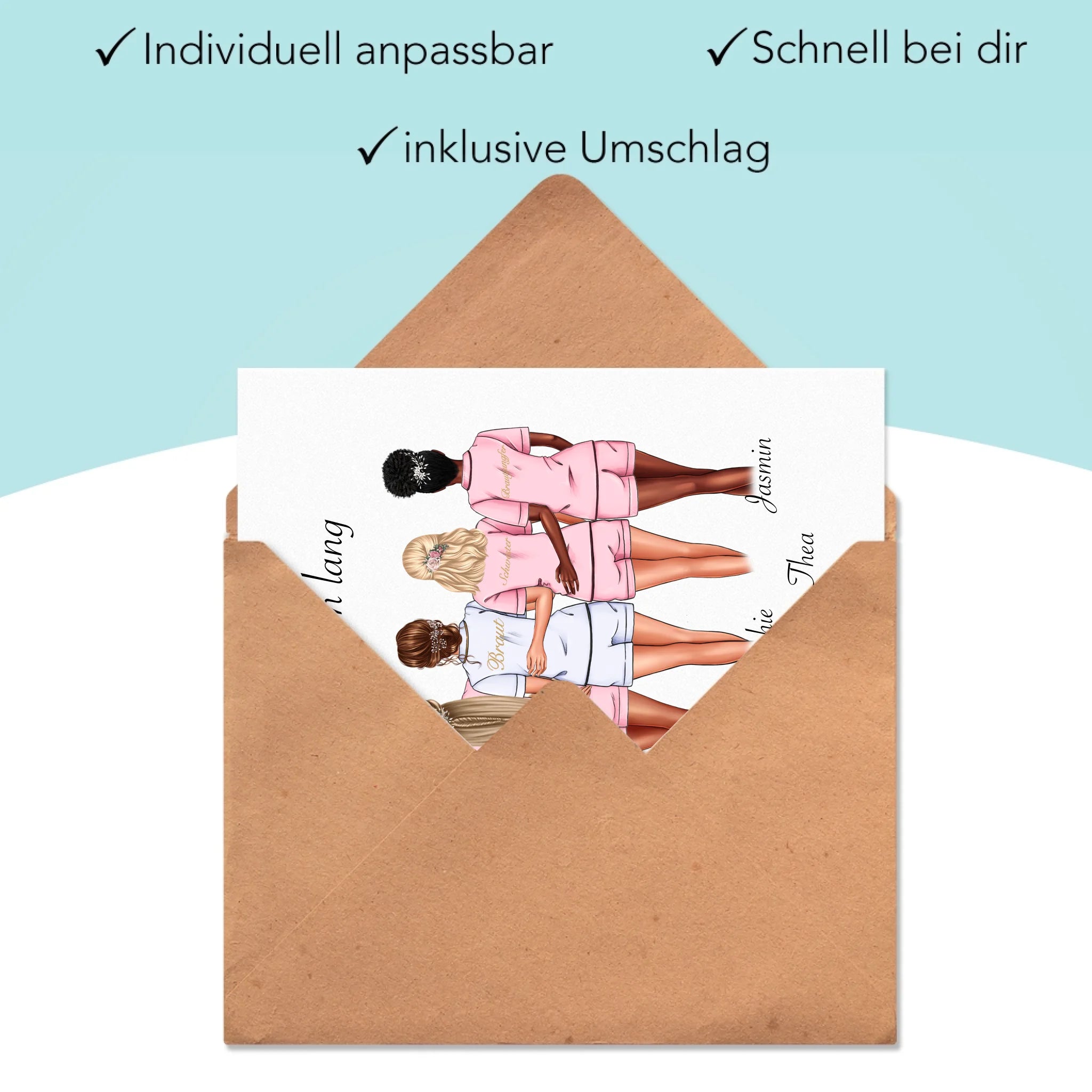 Karte Brautjungfer Personalisiert Name Braut & 4 Trauzeuginnen, Frage & Danke-Geschenk für Freundinnen Brautjungfern & Brautparty - Klappkarte mit Umschlag