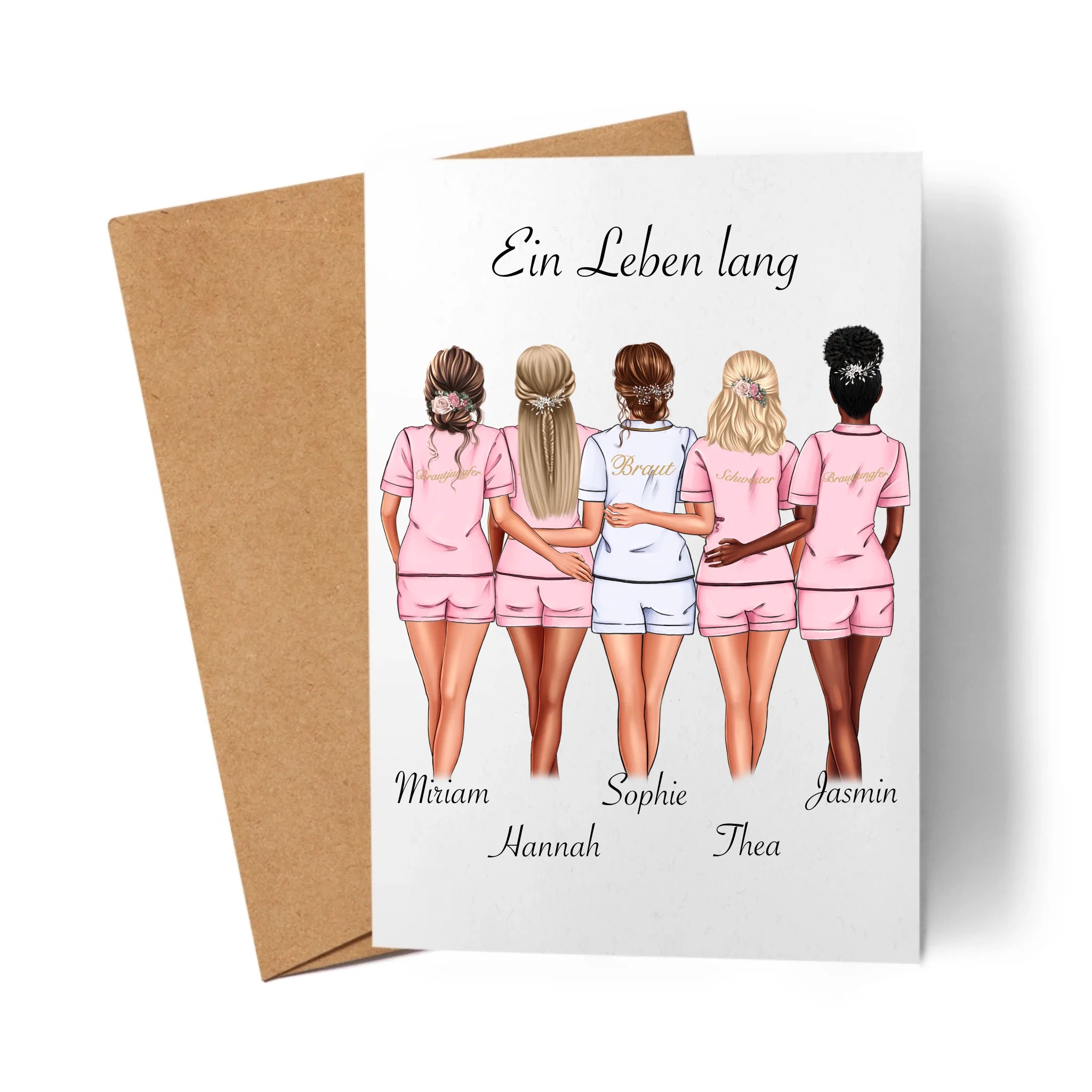 Karte Brautjungfer Personalisiert Name Braut & 4 Trauzeuginnen, Frage & Danke-Geschenk für Freundinnen Brautjungfern & Brautparty - Klappkarte mit Umschlag