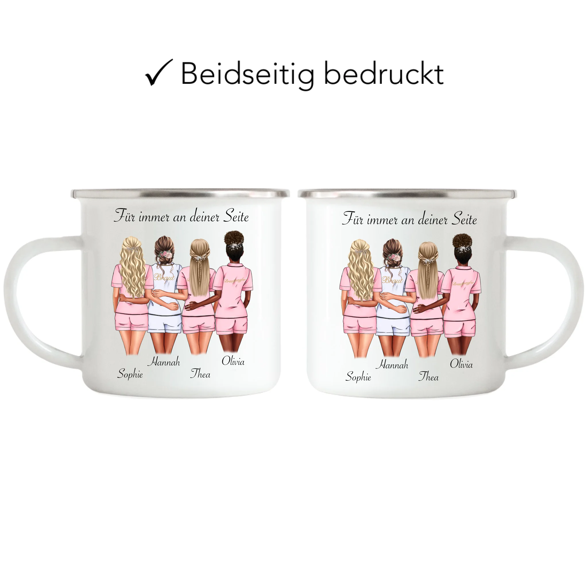 Tasse Brautjungfer Personalisiert Name Braut & 3 Trauzeuginnen, Frage & Danke-Geschenk für Freundinnen Brautjungfern & Brautparty - Emaille Tasse