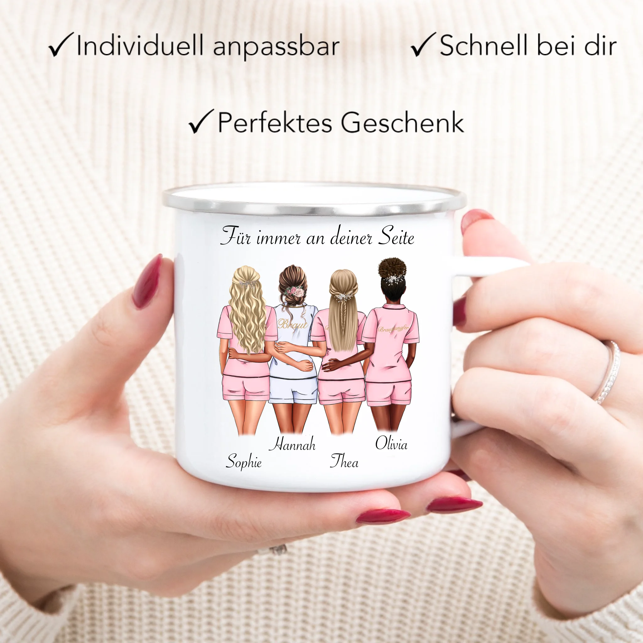 Tasse Brautjungfer Personalisiert Name Braut & 3 Trauzeuginnen, Frage & Danke-Geschenk für Freundinnen Brautjungfern & Brautparty - Emaille Tasse