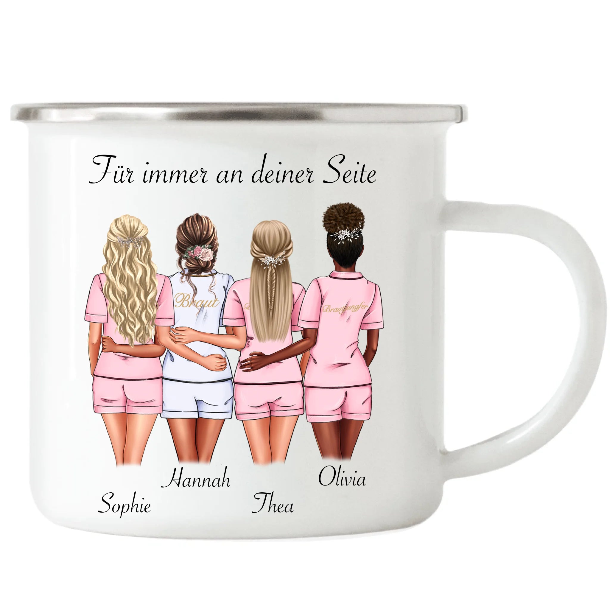 Tasse Brautjungfer Personalisiert Name Braut & 3 Trauzeuginnen, Frage & Danke-Geschenk für Freundinnen Brautjungfern & Brautparty - Emaille Tasse
