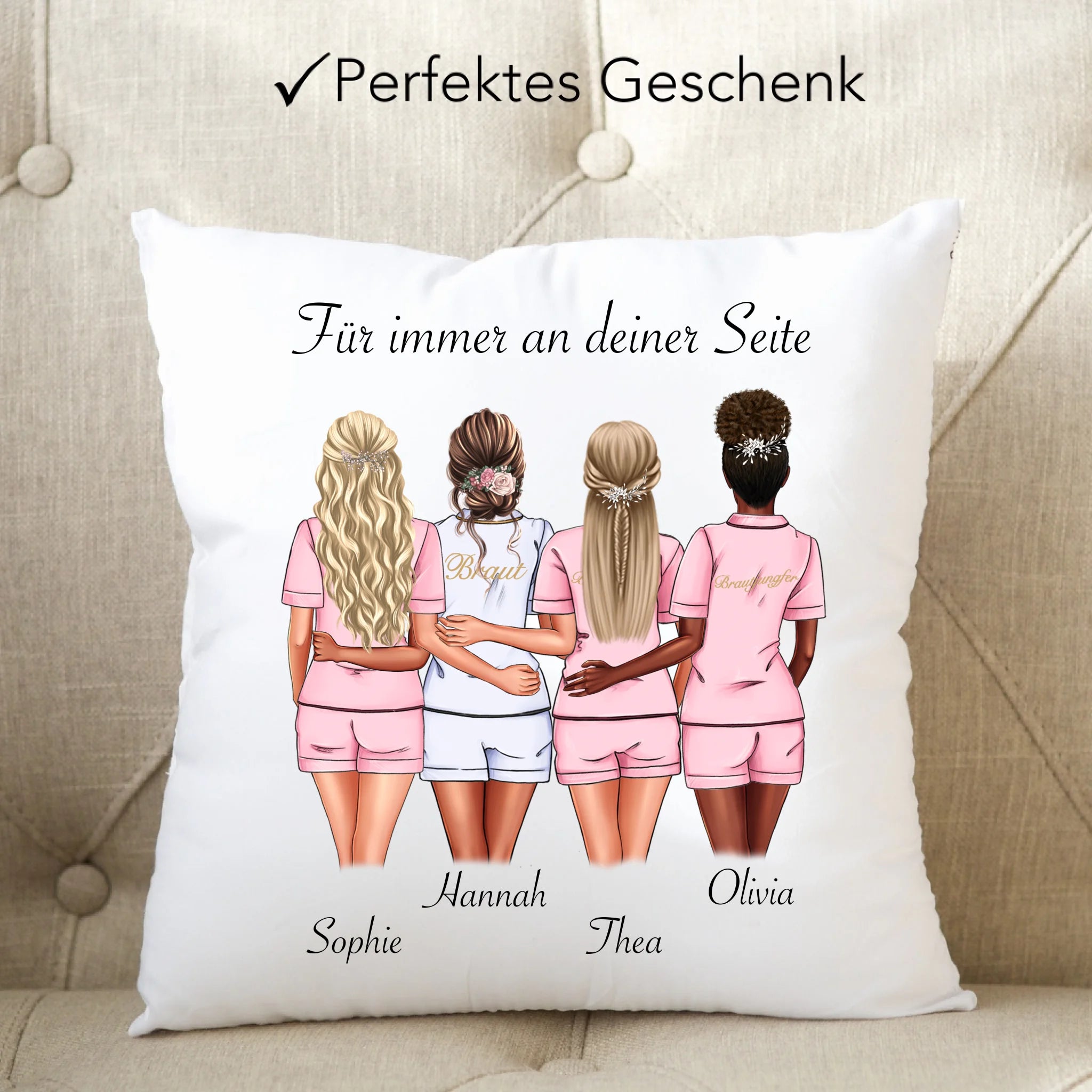 Kissen Brautjungfer Personalisiert Name Braut & 3 Trauzeuginnen, Frage & Danke-Geschenk für Freundinnen Brautjungfern & Brautparty - Kissen inkl. Füllung