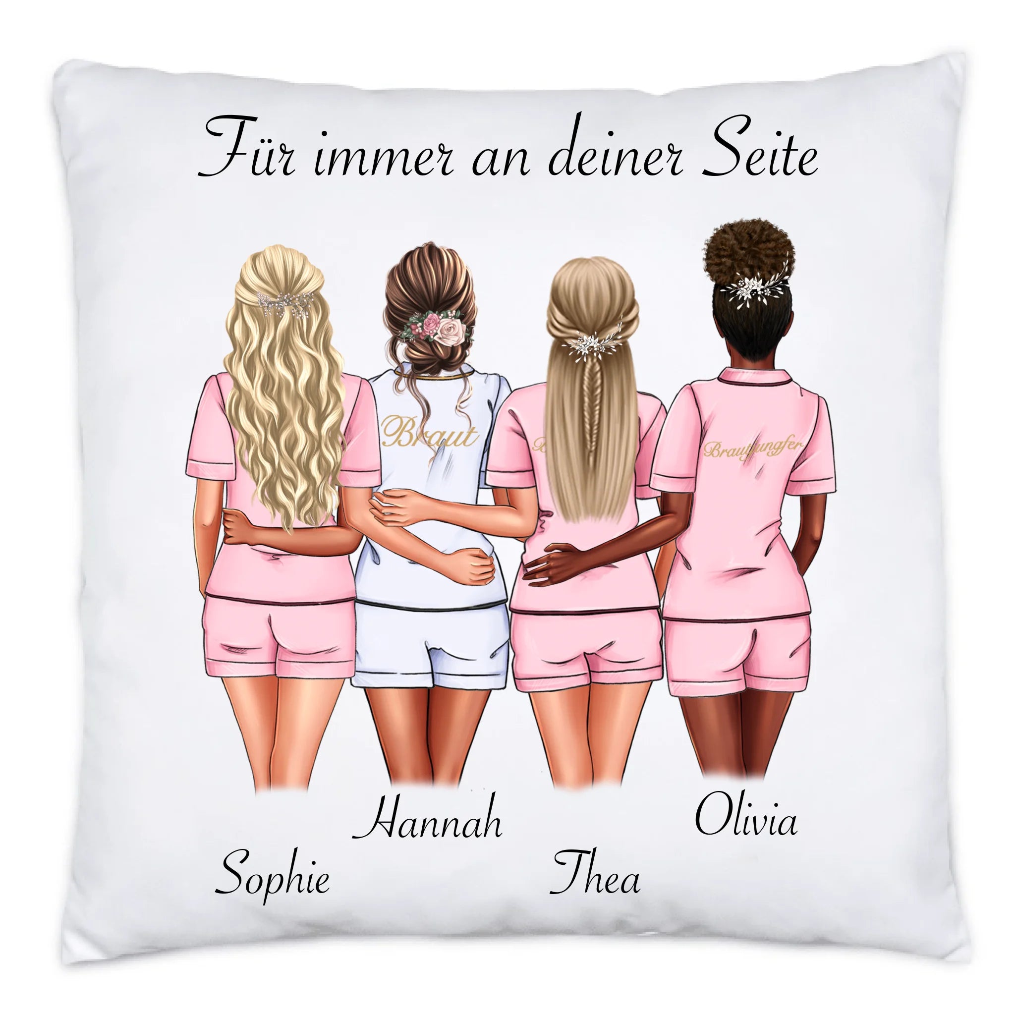 Kissen Brautjungfer Personalisiert Name Braut & 3 Trauzeuginnen, Frage & Danke-Geschenk für Freundinnen Brautjungfern & Brautparty - Kissen inkl. Füllung