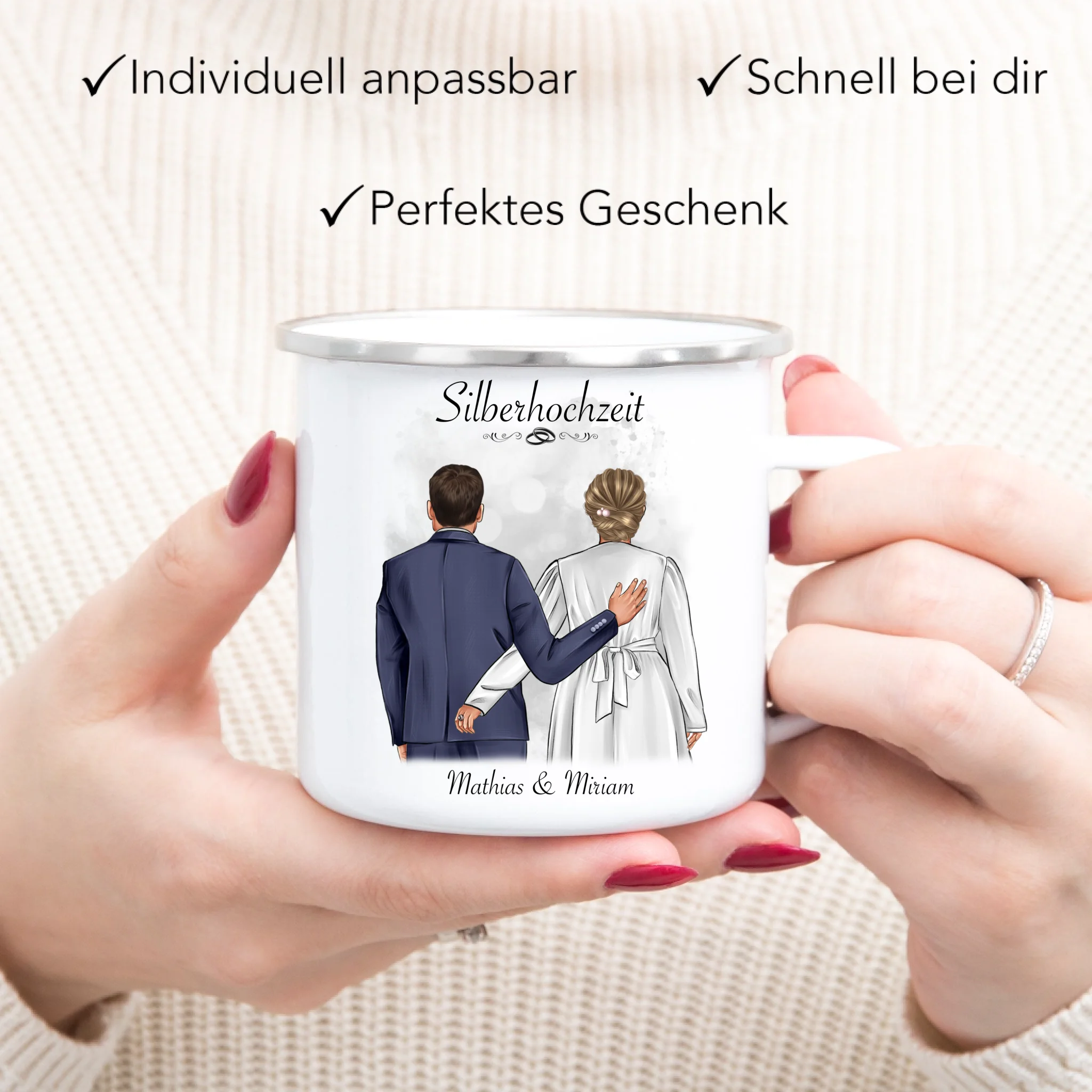Tasse Silberhochzeit Personalisiert Silberne Hochzeit Bild Hochzeitstag Geschenk 25. Hochzeitstag Jubiläum für Paare - Emaille Tasse