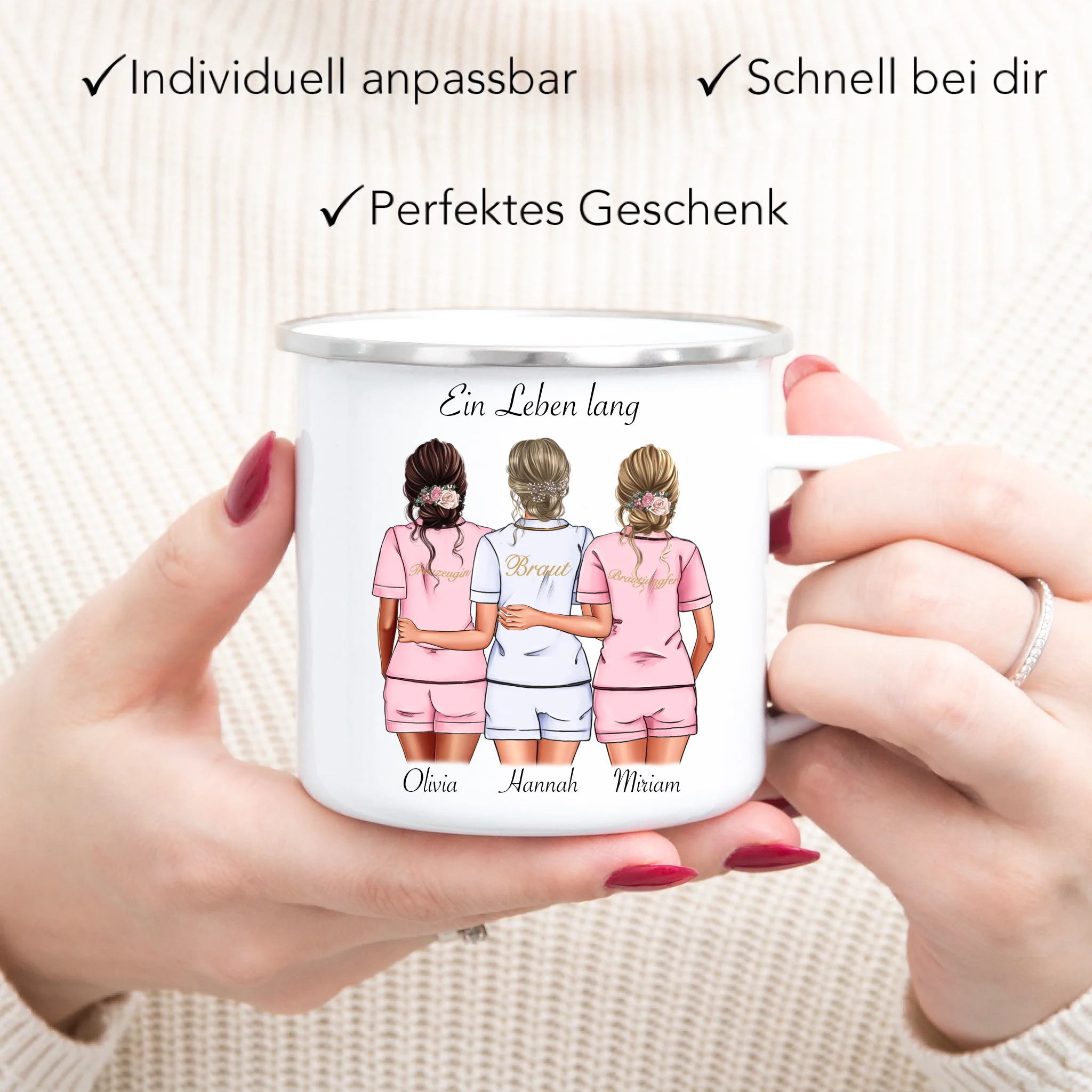 Tasse Brautjungfer Personalisiert Name Braut & 2 Trauzeuginnen, Frage & Danke-Geschenk für Freundinnen Brautjungfern & Brautparty - Emaille Tasse