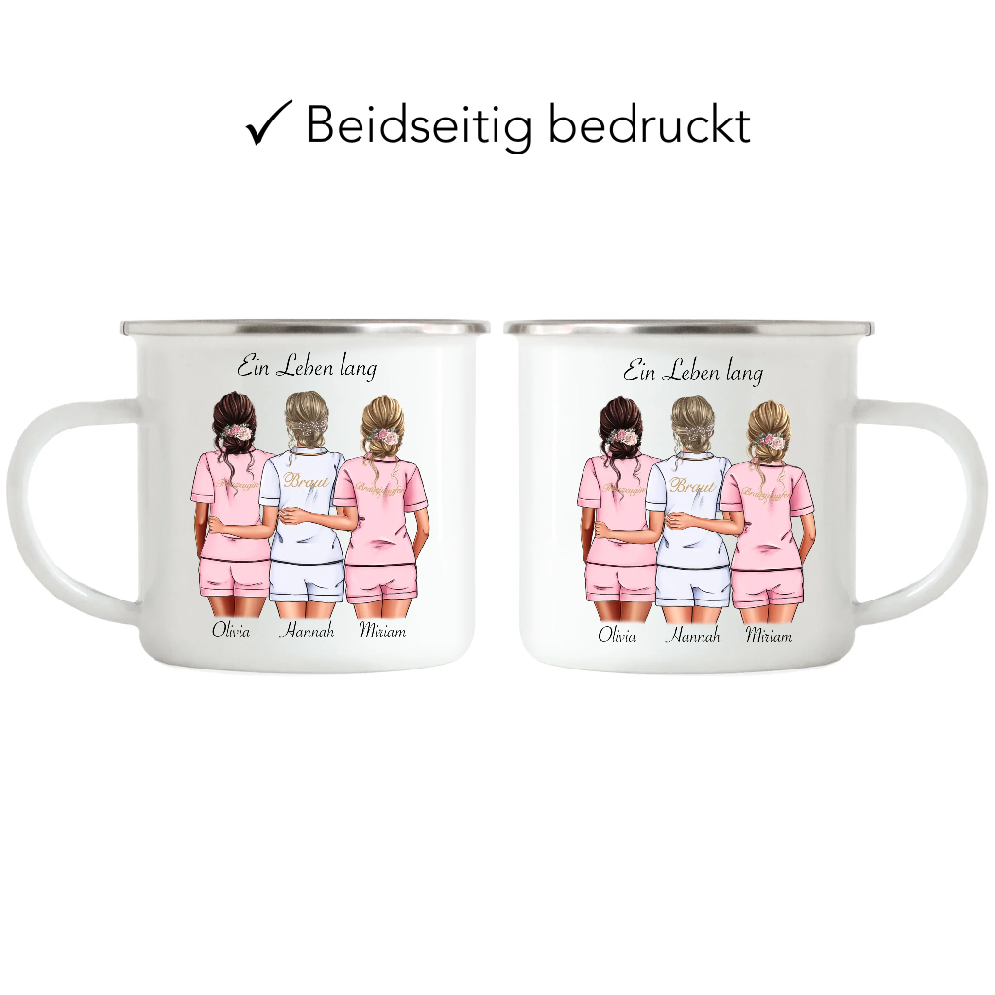 Tasse Brautjungfer Personalisiert Name Braut & 2 Trauzeuginnen, Frage & Danke-Geschenk für Freundinnen Brautjungfern & Brautparty - Emaille Tasse