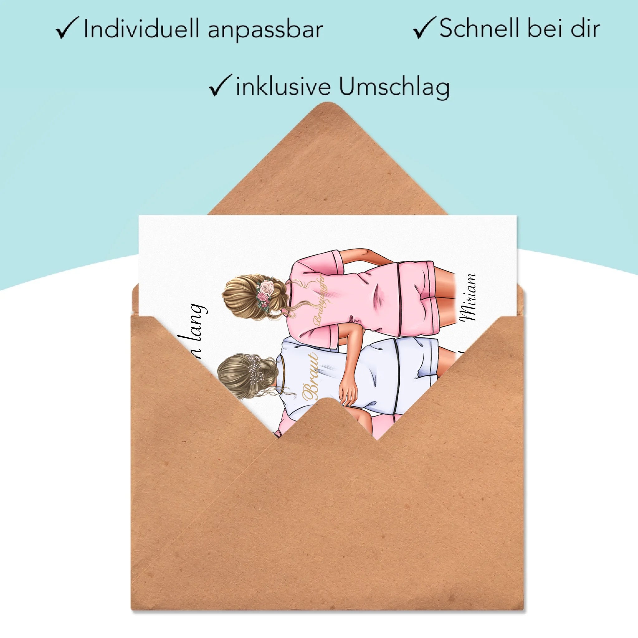 Karte Brautjungfer Personalisiert Name Braut & 2 Trauzeuginnen, Frage & Danke-Geschenk für Freundinnen Brautjungfern & Brautparty - Klappkarte mit Umschlag