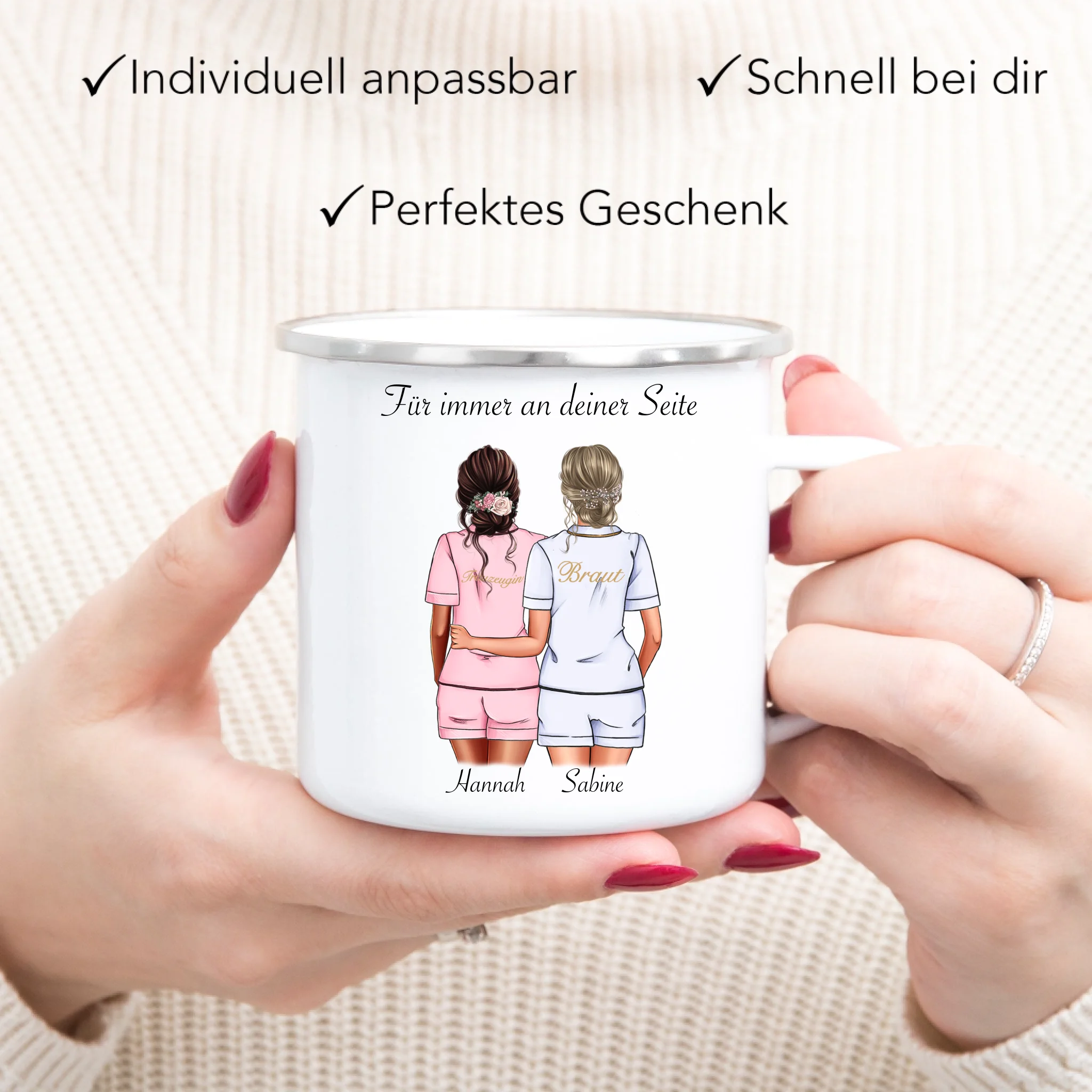 Tasse Brautjungfer Personalisiert Name Braut & Trauzeugin, Frage & Danke-Geschenk für Freundinnen Brautjungfern & Brautparty - Emaille Tasse