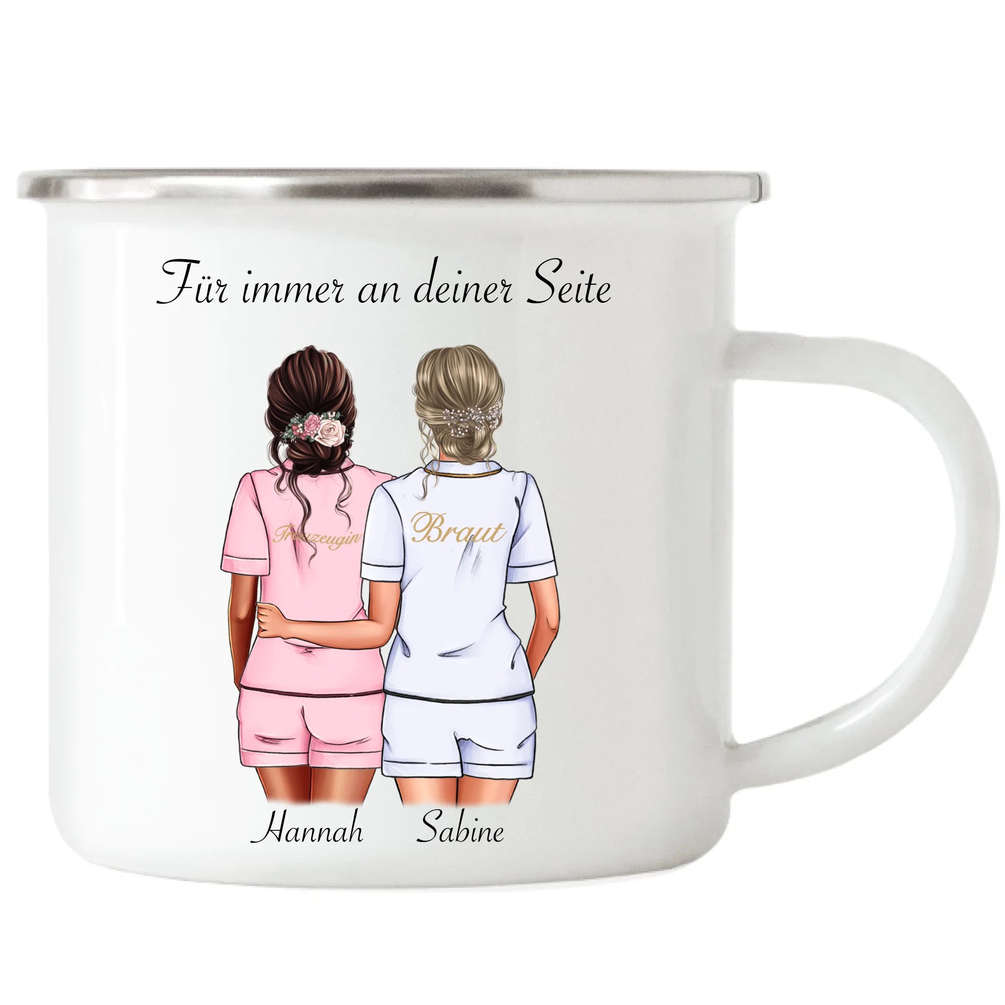 Tasse Brautjungfer Personalisiert Name Braut & Trauzeugin, Frage & Danke-Geschenk für Freundinnen Brautjungfern & Brautparty - Emaille Tasse