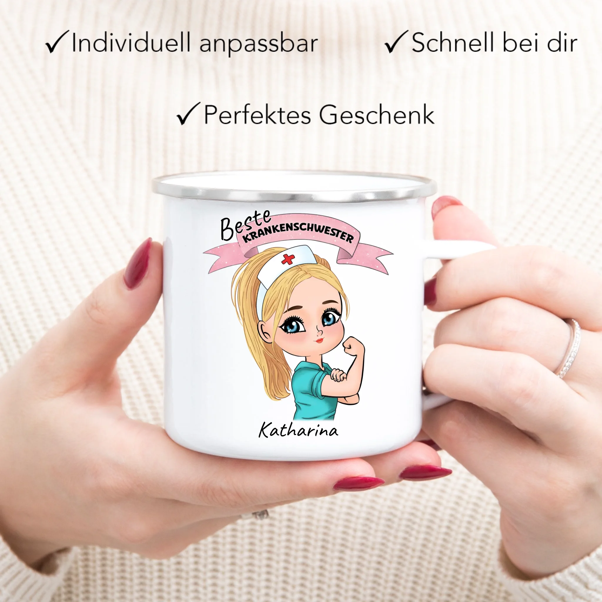 Tasse Krankenschwester Personalisiert Ärztin Pflegekraft Pflegerin Sanitäter Kollegin Freundin mit Name & Spruch Pflegefachfrau Geschenk - Emaille Tasse