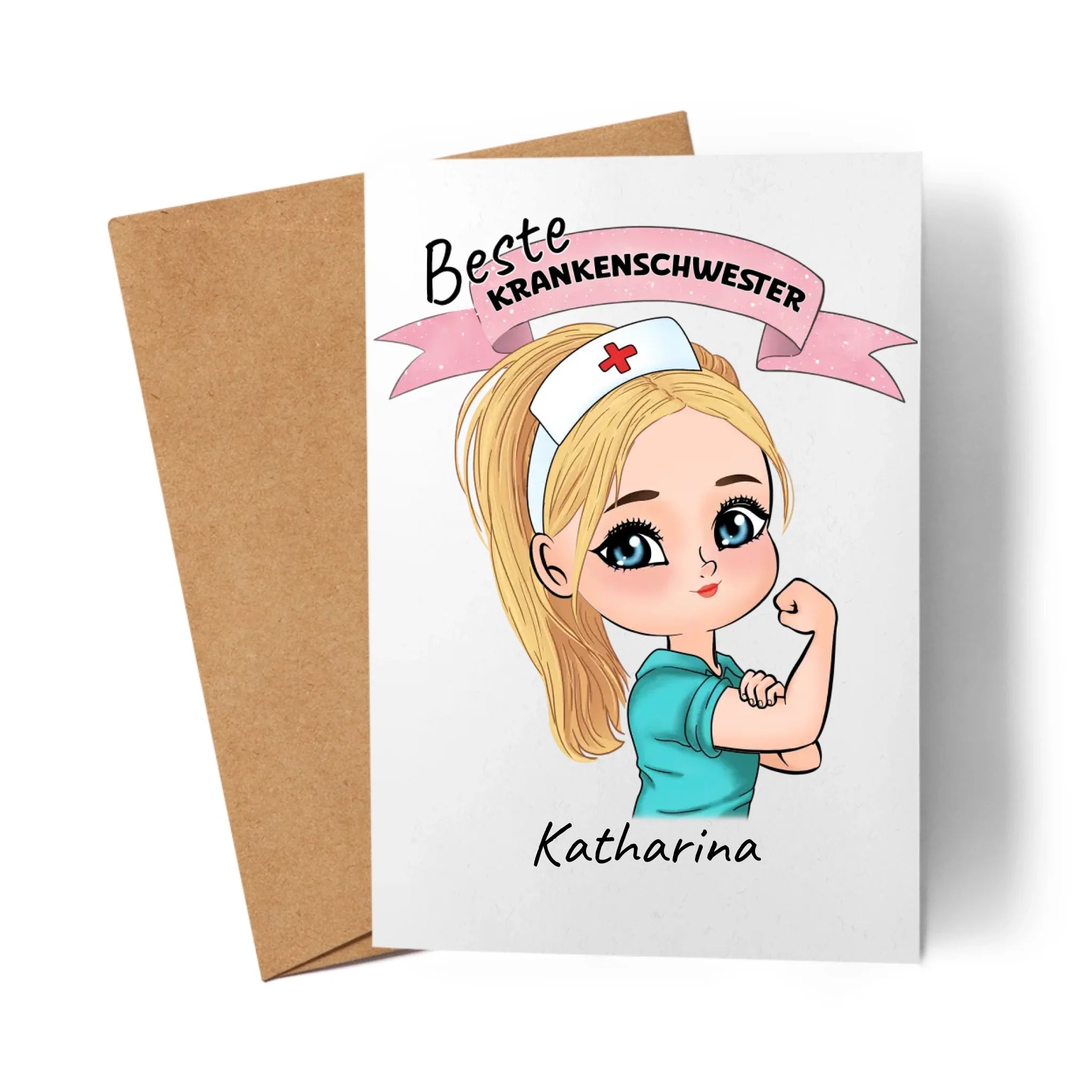 Karte Krankenschwester Personalisiert Ärztin Pflegekraft Pflegerin Sanitäter Kollegin Freundin mit Name & Spruch Pflegefachfrau Geschenk - Klappkarte mit Umschlag