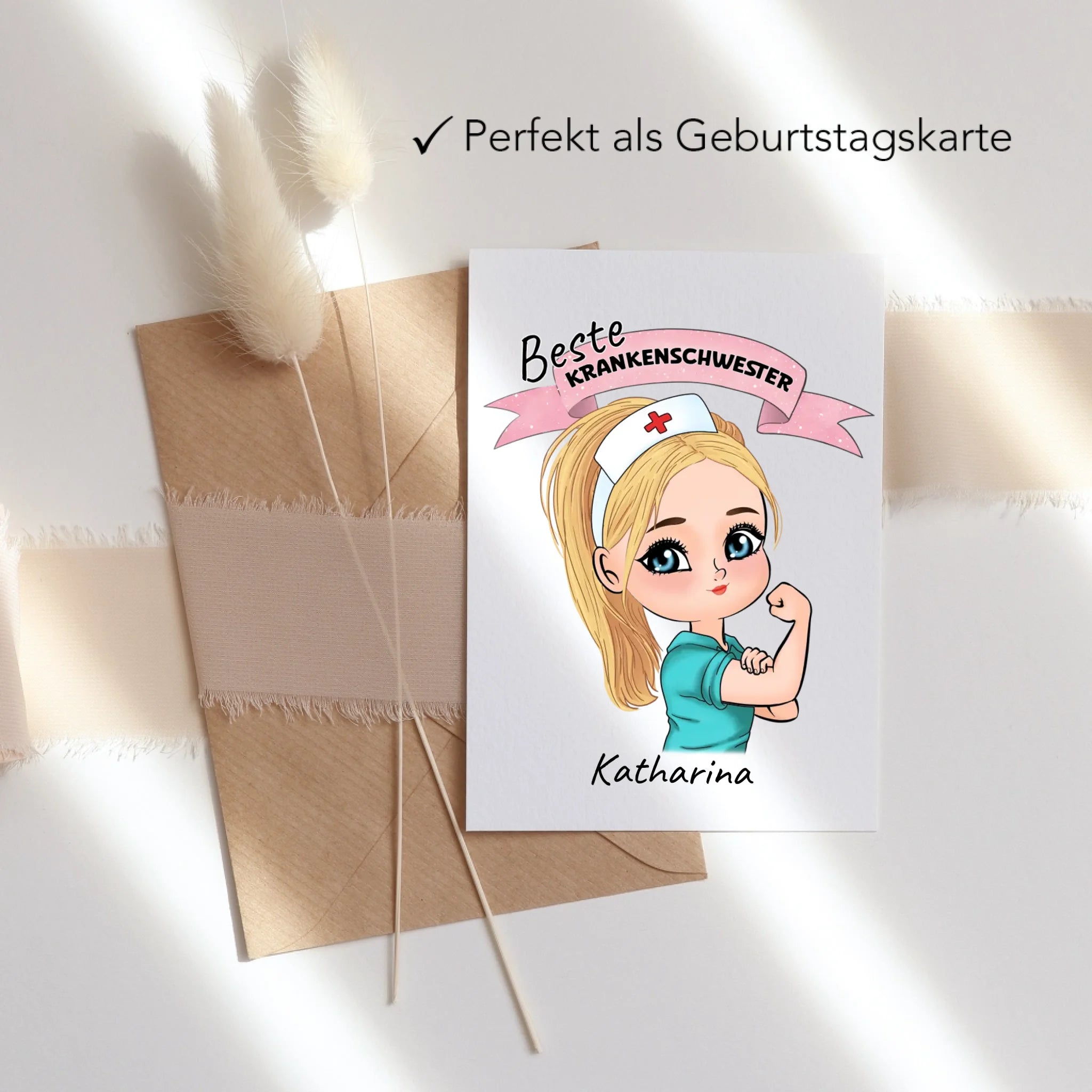 Karte Krankenschwester Personalisiert Ärztin Pflegekraft Pflegerin Sanitäter Kollegin Freundin mit Name & Spruch Pflegefachfrau Geschenk - Klappkarte mit Umschlag