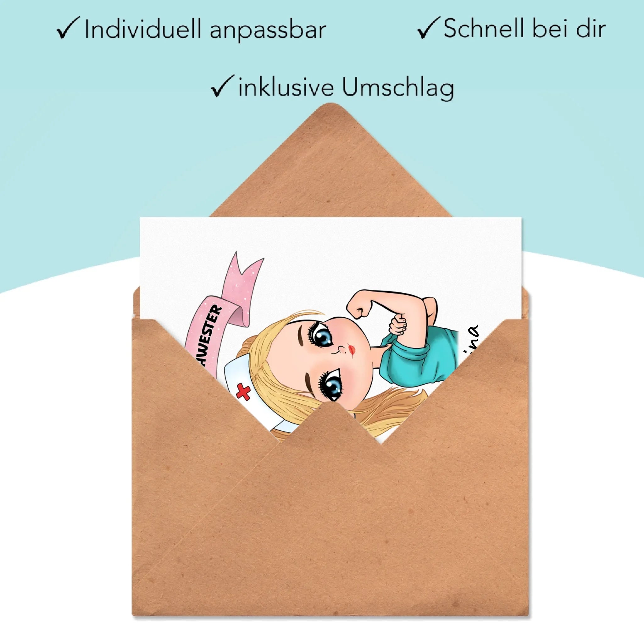 Karte Krankenschwester Personalisiert Ärztin Pflegekraft Pflegerin Sanitäter Kollegin Freundin mit Name & Spruch Pflegefachfrau Geschenk - Klappkarte mit Umschlag