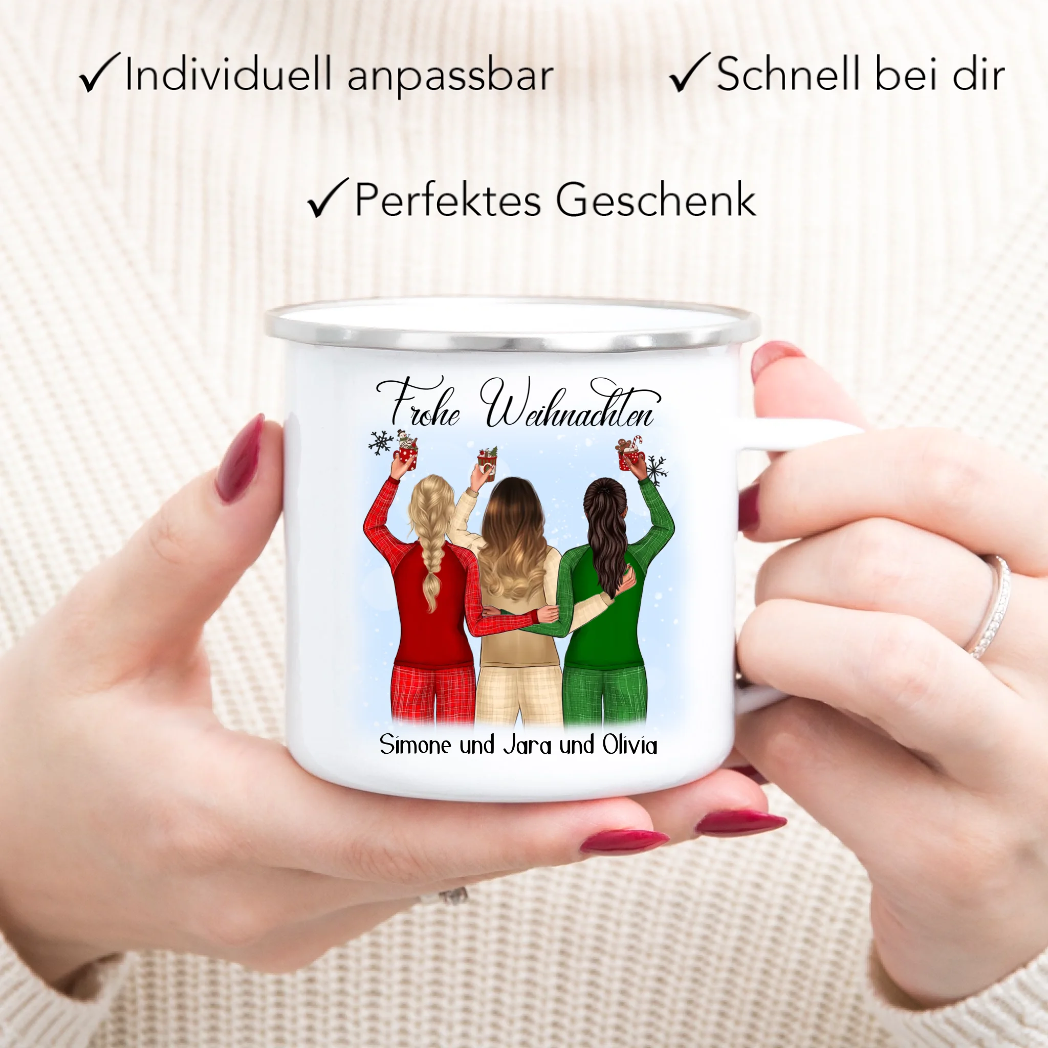 Tasse Weihnachten 3 Beste Freundinnen Personalisiert Beste Freundin Weihnachts-Tasse mit Name Xmas Geschenk Freundinnengeschenk - Emaille Tasse