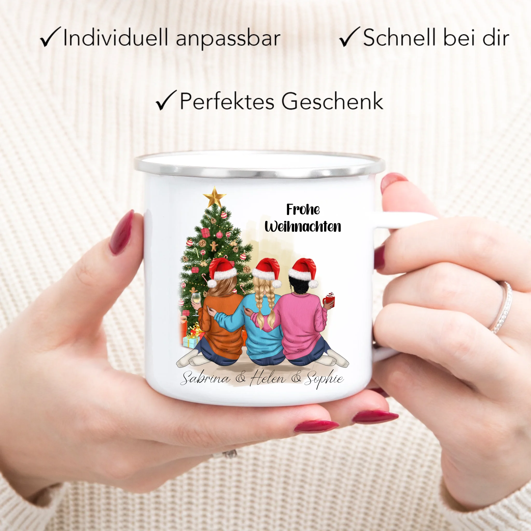 Tasse Weihnachten 3 Beste Freundinnen Personalisiert Beste Freundin Weihnachtstasse mit Name Xmas Schwestern Freundinnengeschenk - Emaille Tasse
